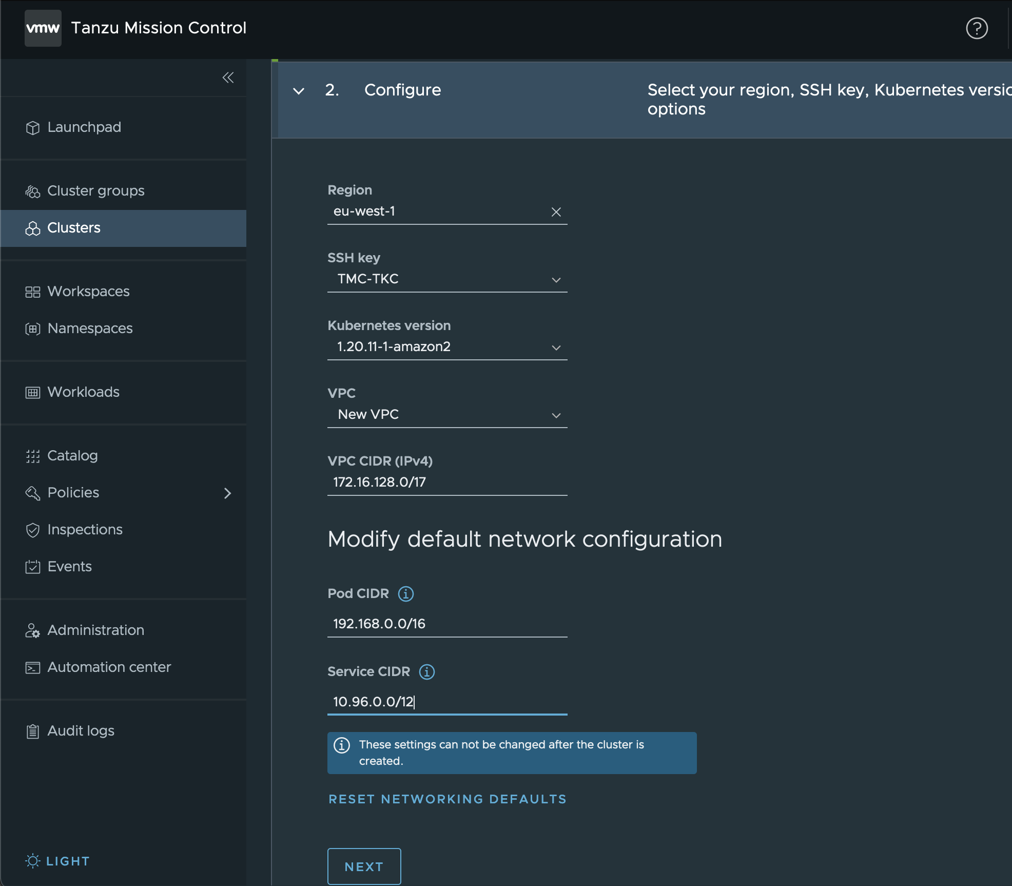 Tanzu Mission Control Cluster Configuration