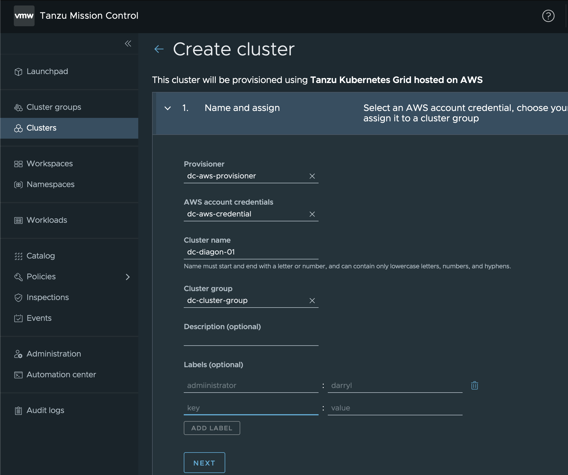 Tanzu Mission Control Cluster Create