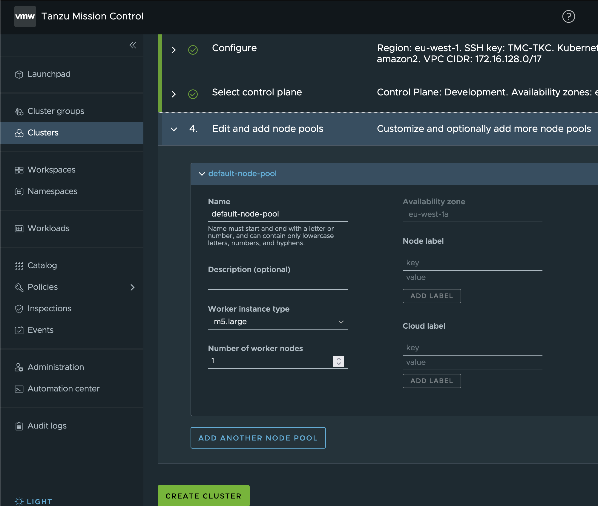 Tanzu Mission Control Cluster Node Pool