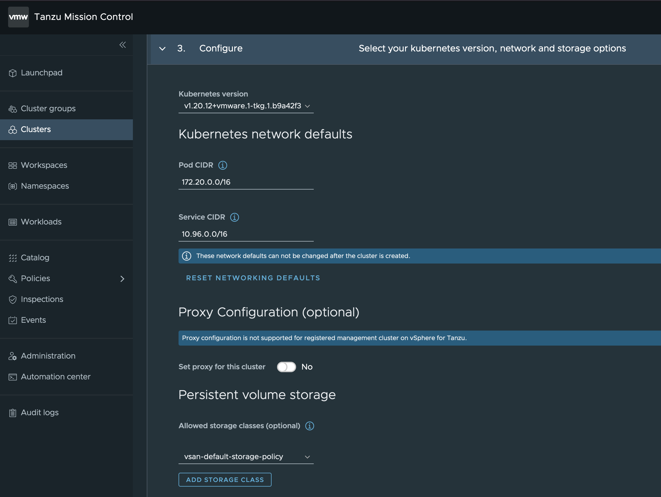 Tanzu Mission Control Cluster Provising Config