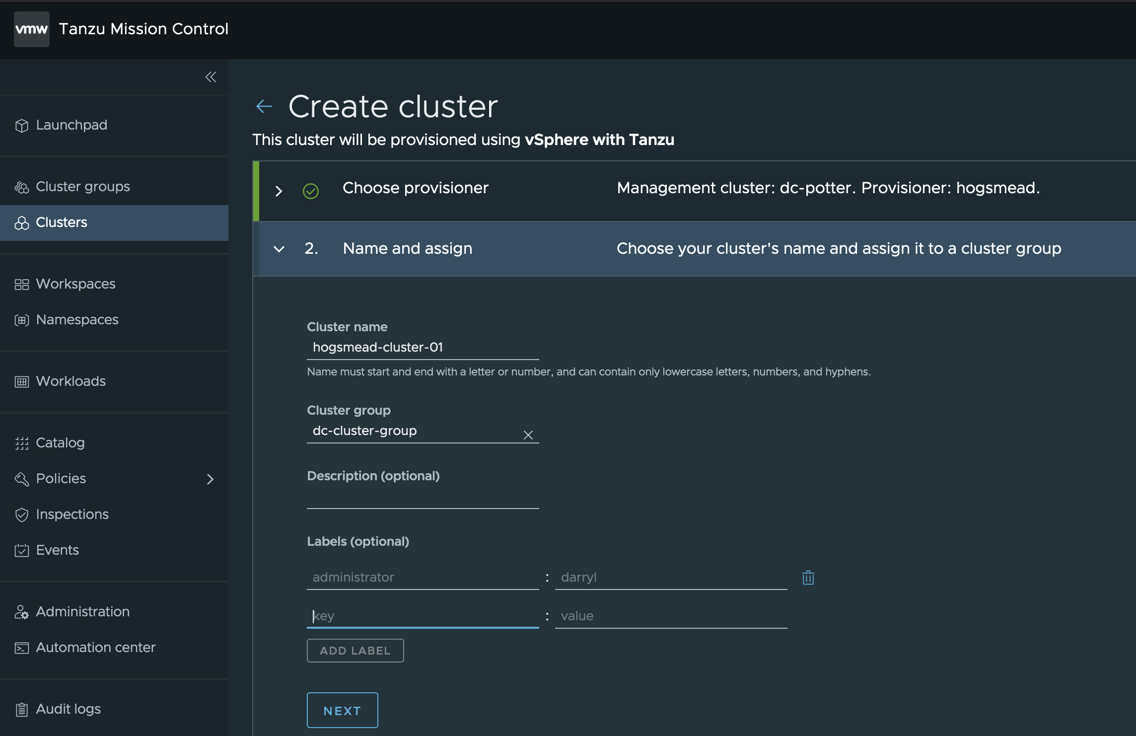 Tanzu Mission Control Cluster Provising Metadata