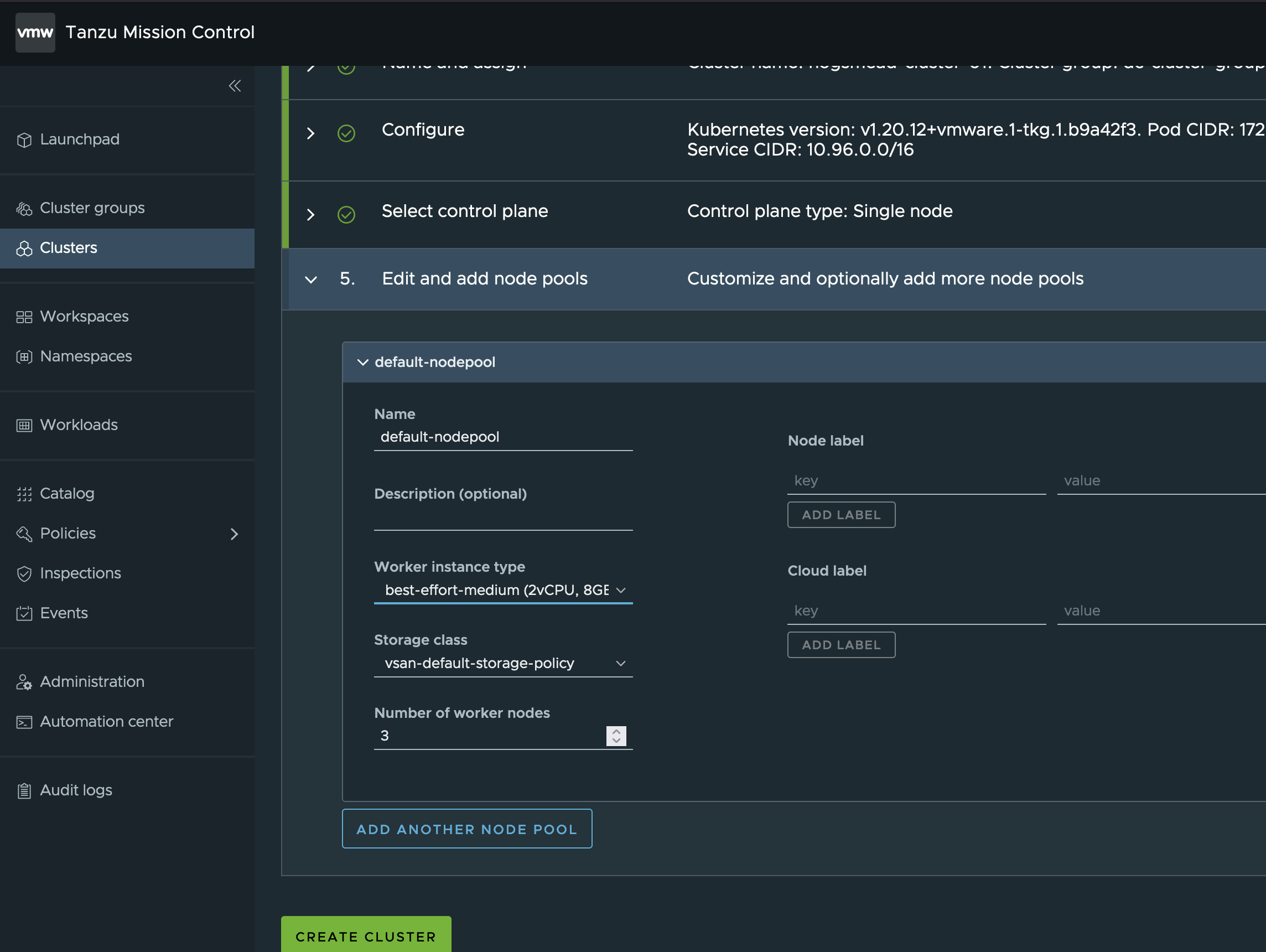 Tanzu Mission Control Cluster Provising Node Pool