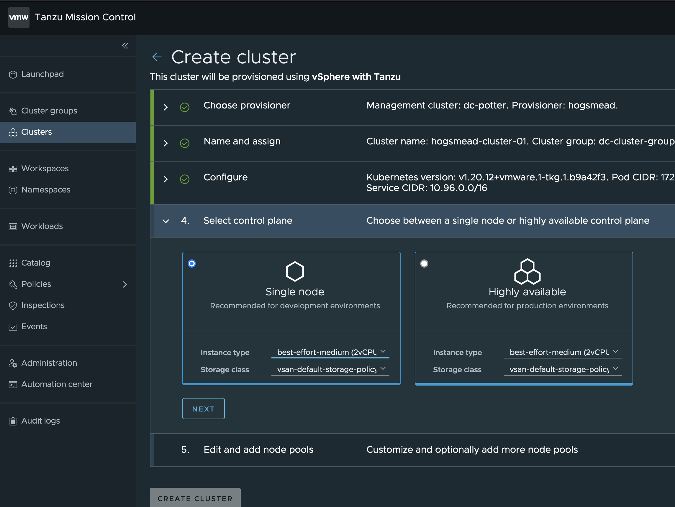 Tanzu Mission Control Cluster Provising VM Class