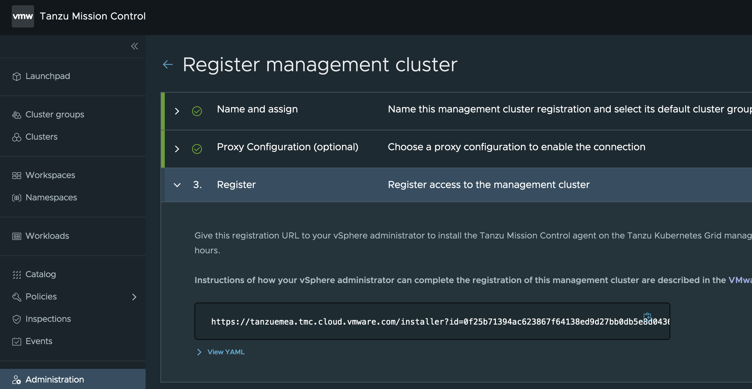 Tanzu Mission Control Supervisor Cluster Config URL