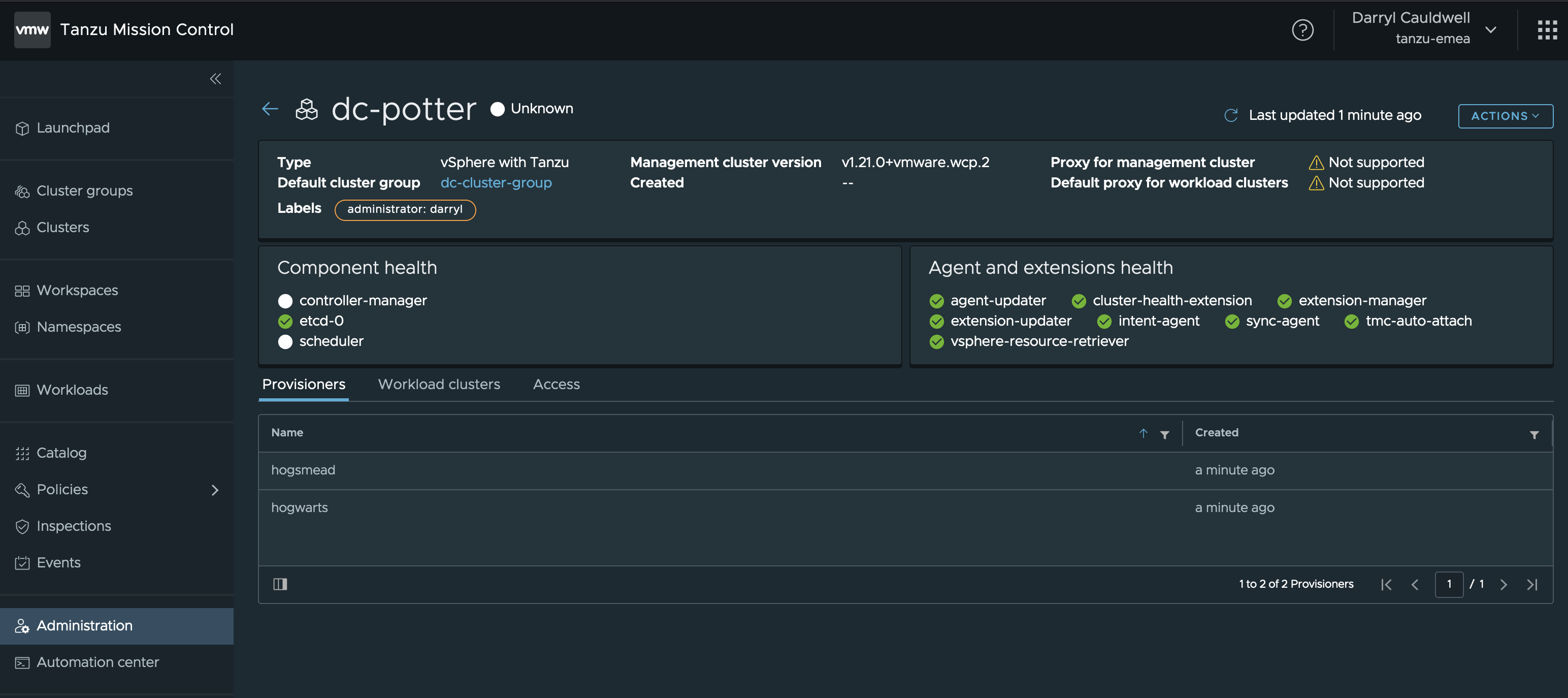 Tanzu Mission Control Supervisor Cluster Health